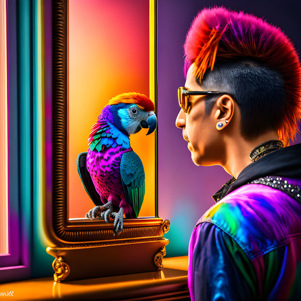 Colorful Mohawk Hairstyle Person with Vibrant Parrot on Mirror Frame