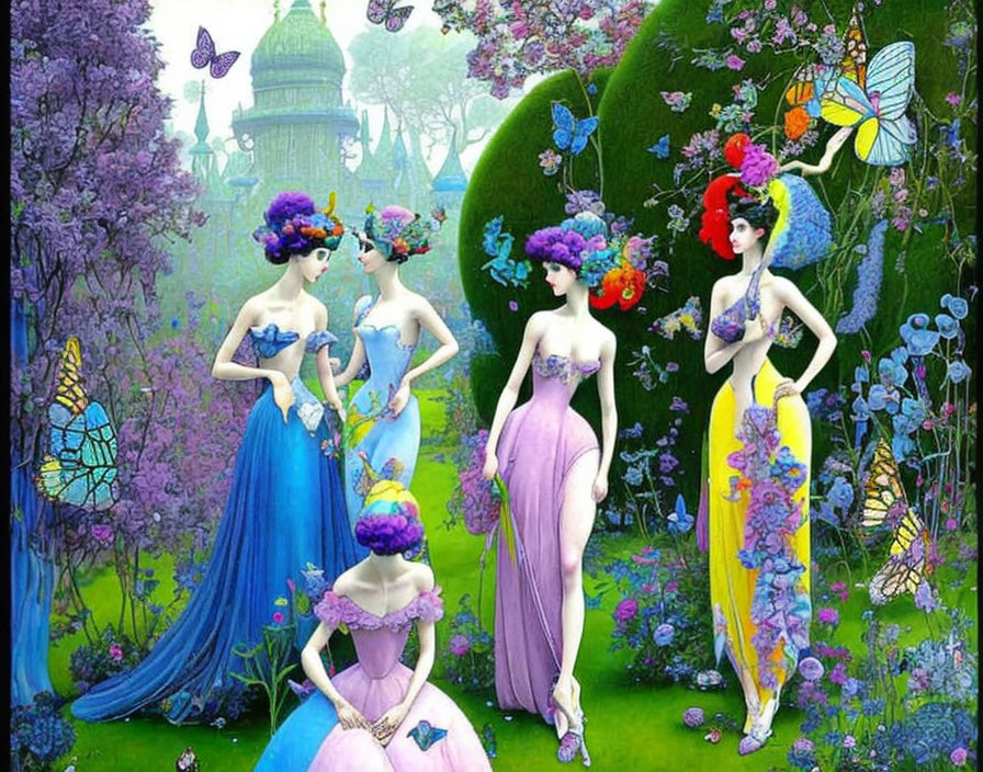 Stylized women with butterfly wings in whimsical garden setting