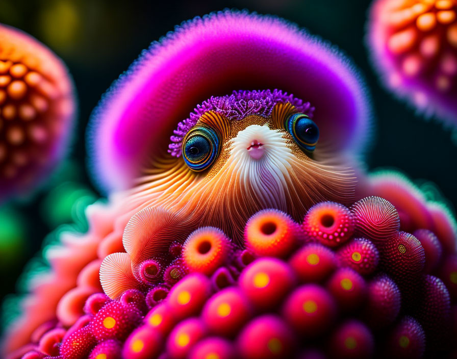 Colorful surreal creature with mesmerizing eyes and fur-like body surrounded by patterned orbs