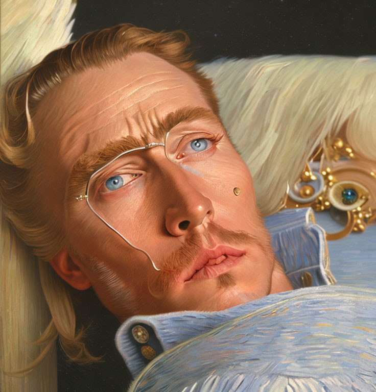 Detailed painting of a man with blond hair, golden monocle, teardrop on cheek, blue