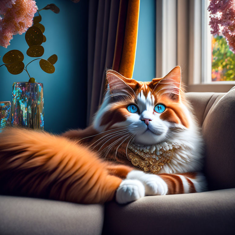 Orange and White Cat with Blue Eyes Relaxing on Sofa Near Window