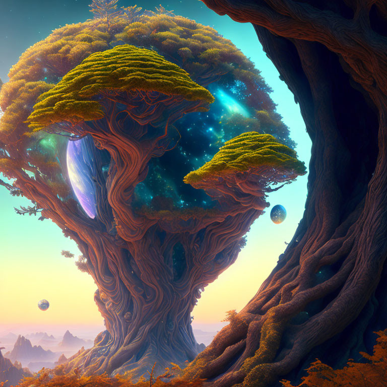 Gigantic ancient trees with galaxy-filled canopies in surreal orange landscape