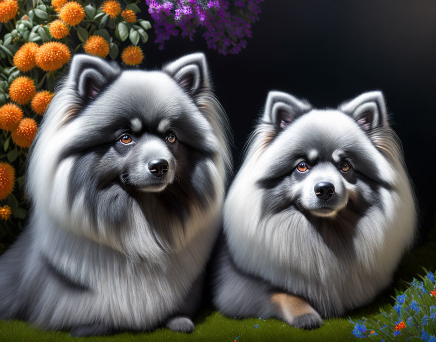 Fluffy Black and Grey Dogs Among Colorful Flowers