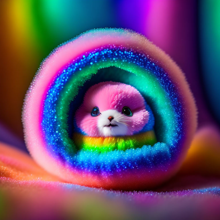 Colorful Image: Fluffy Pink Bunny in Rainbow Fabric with Dew