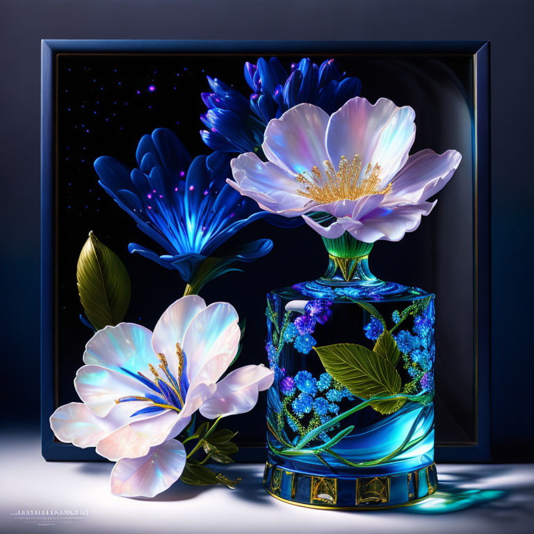 Vibrant Still Life: White Flowers, Blue Vase, Starry Background