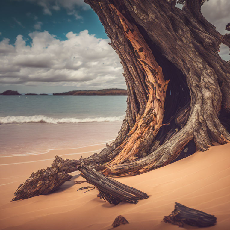 Weathered tree with exposed roots on sandy beach under cloudy sky