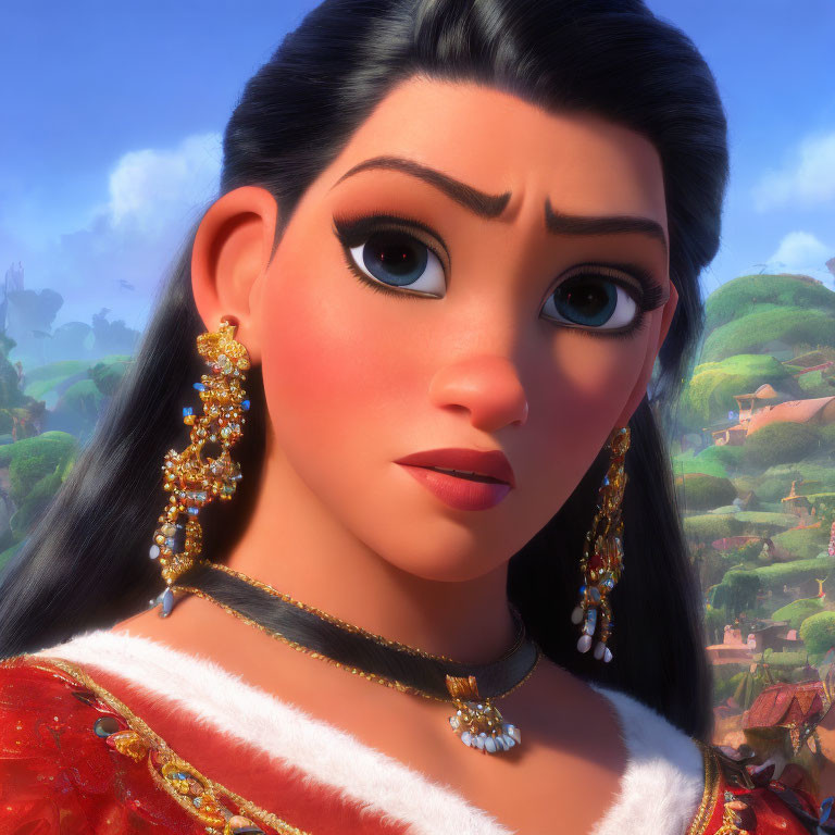 Animated female character with large eyes, gold earrings, and red outfit in pastoral scene