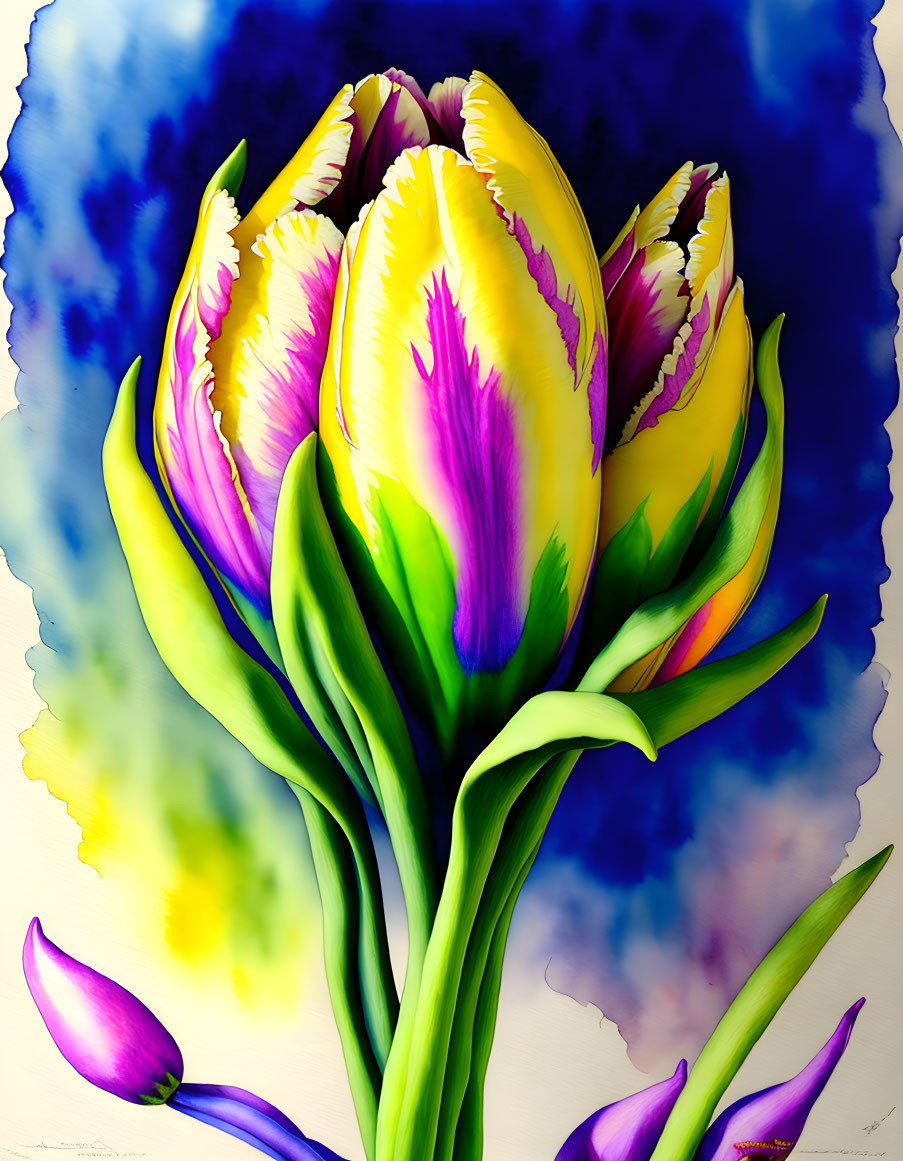 Colorful digital artwork: Yellow and purple tulip among vibrant tulips on abstract blue background