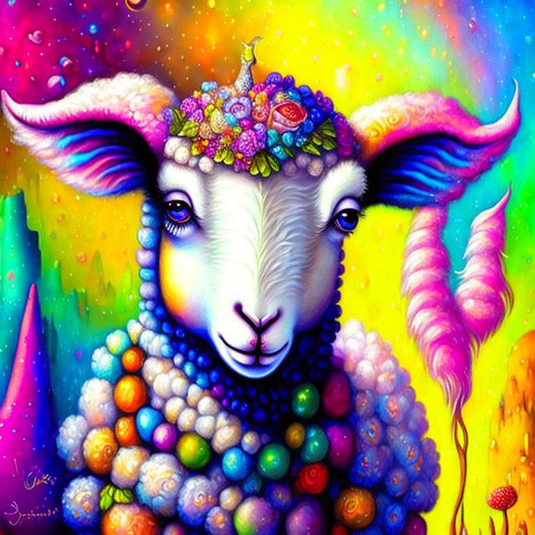 Colorful Whimsical Sheep Illustration with Cosmic Background