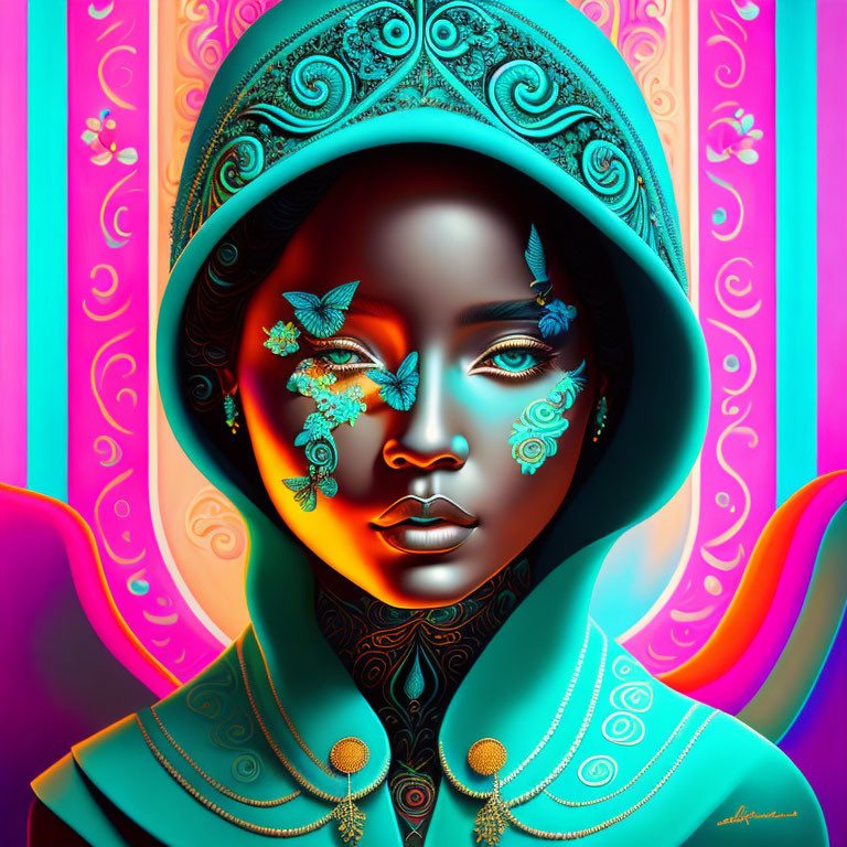 Woman with Teal Headwear and Butterflies in Psychedelic Background