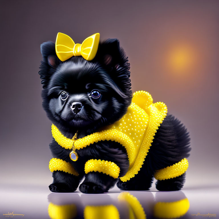 Illustrated black puppy with yellow bow and dress on reflective surface