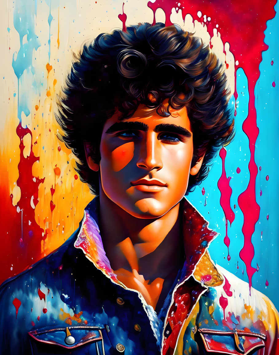 Colorful portrait of young man with curly hair against dynamic paint splashes