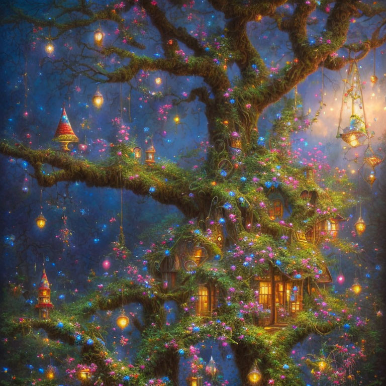 Enchanted tree with illuminated windows in mystical blue forest