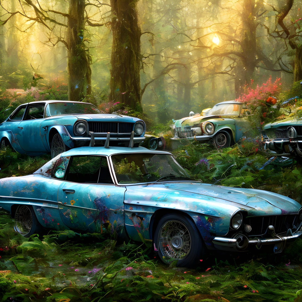 Vintage cars overtaken by vegetation in mystical forest under soft sunlight.