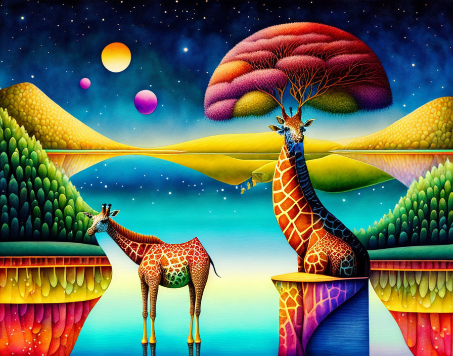 Stylized giraffes in vibrant surreal landscape