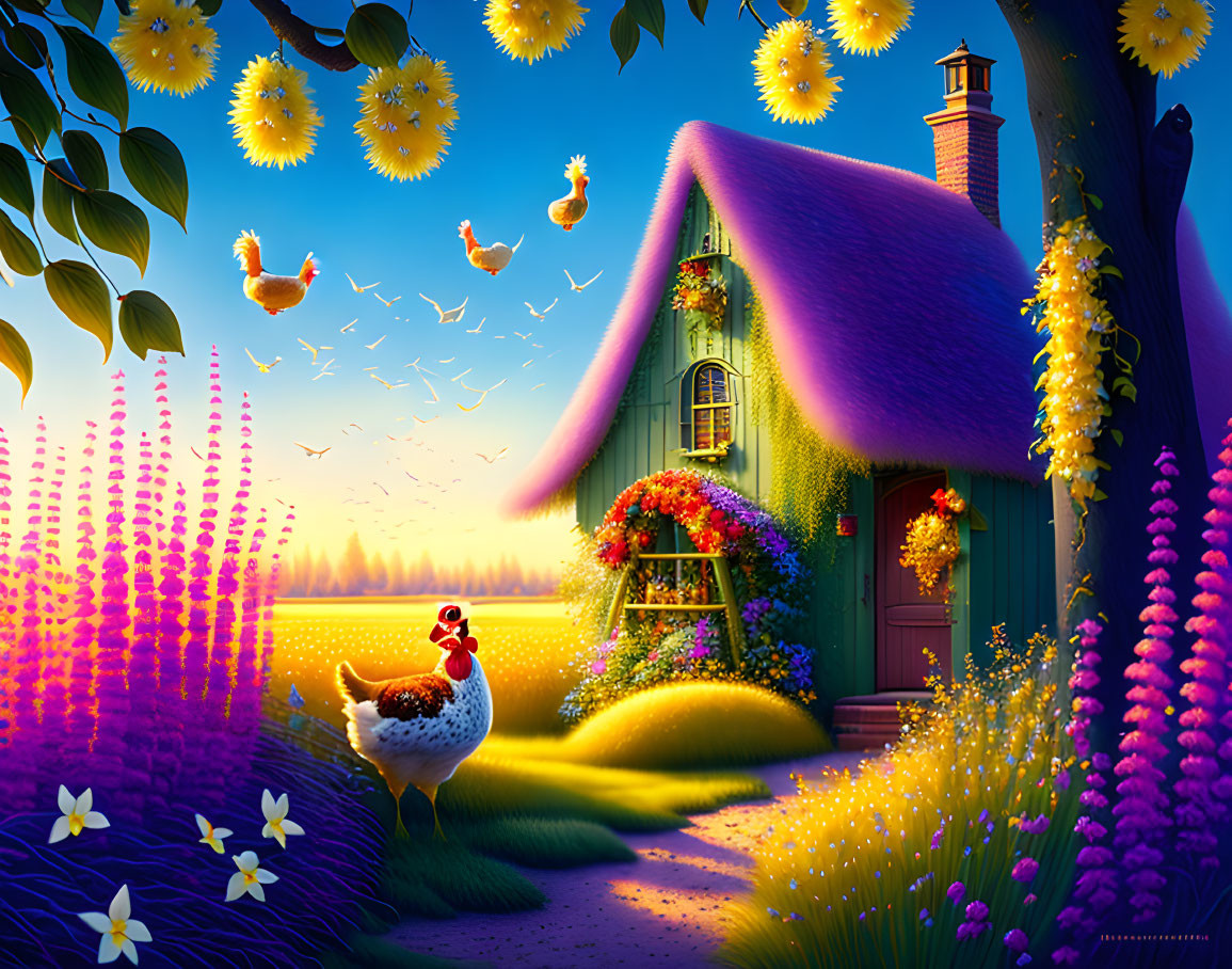 Colorful fairytale cottage surrounded by flowers and flying chickens at sunset
