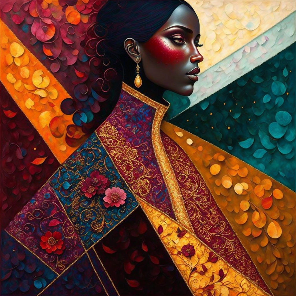 Colorful portrait of a woman in reds, golds, and blues with intricate patterns