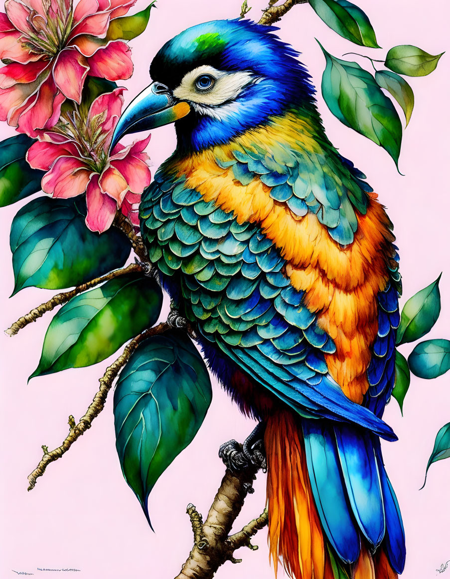 Vibrant Bird Illustration on Branch with Flowers and Leaves