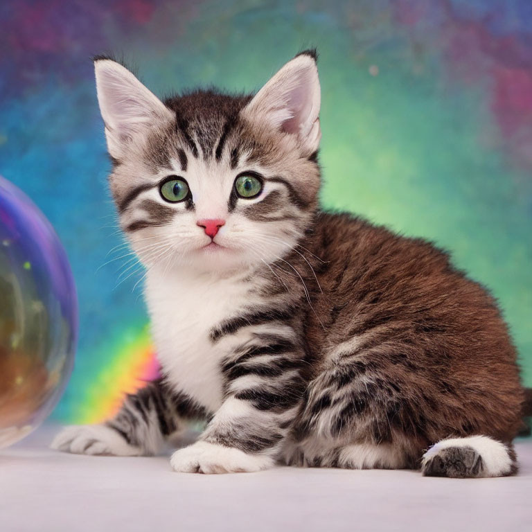 Fluffy tabby kitten with green eyes on pastel backdrop with soap bubble