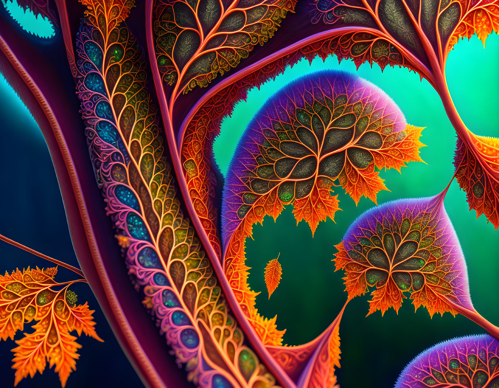 Colorful Fractal Leafy Branch Patterns on Dark Background