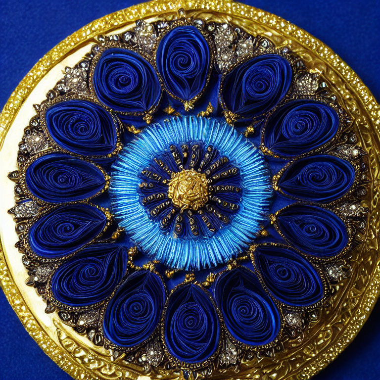 Ornate Golden Plate with Blue Floral Motif on Dark Blue Background