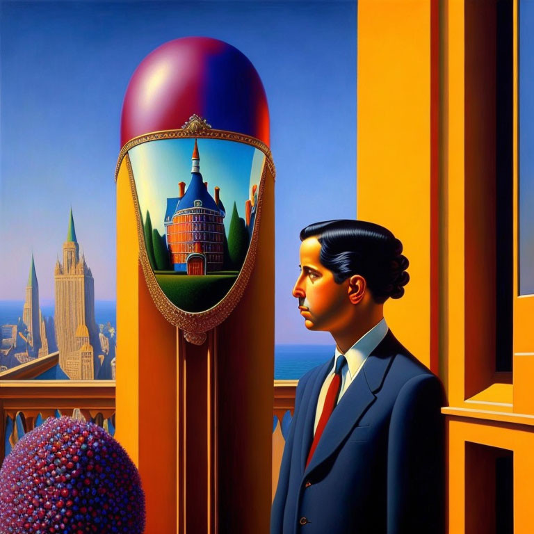 Man in profile with spherical mirror reflecting classical building and sharp architectural lines against clear blue sky