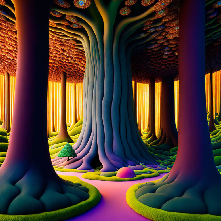 Colorful Surreal Forest with Oversized Mushrooms and Textured Trees