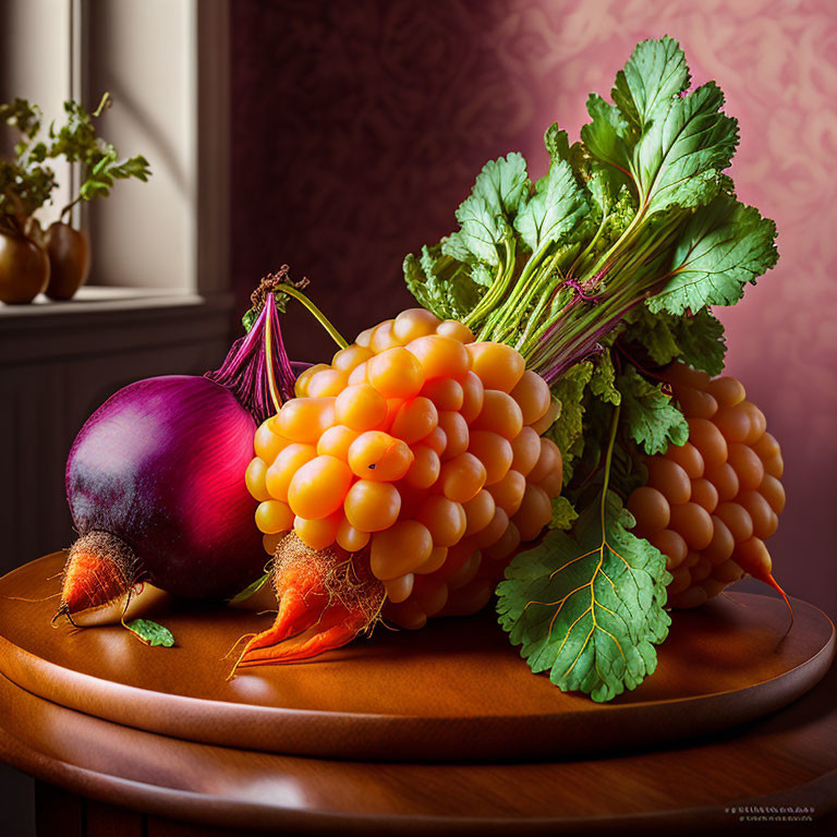 Vibrant still life with grapes, red onion, and carrots on wooden table