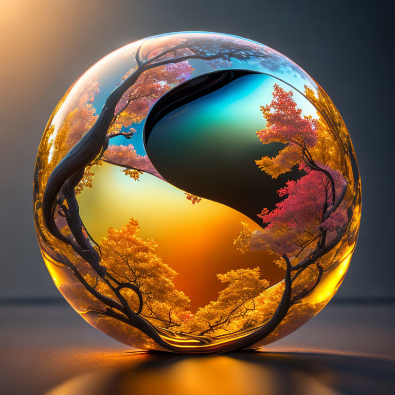 Spherical digital artwork with yin-yang design and autumn trees on gradient