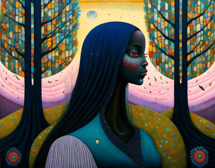 Fantastical forest landscape with blue-skinned woman illustration