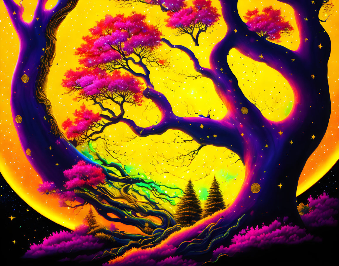 Colorful cosmic tree art with vibrant pink leaves and purple bark in star-filled sky.