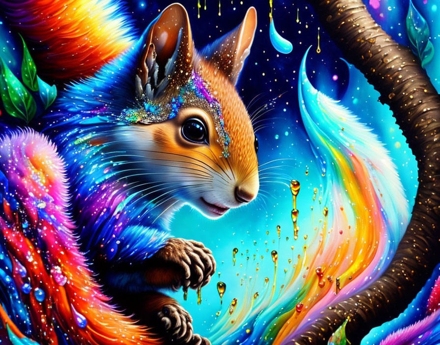 Colorful digital art: whimsical squirrel in cosmic foliage with dripping paint