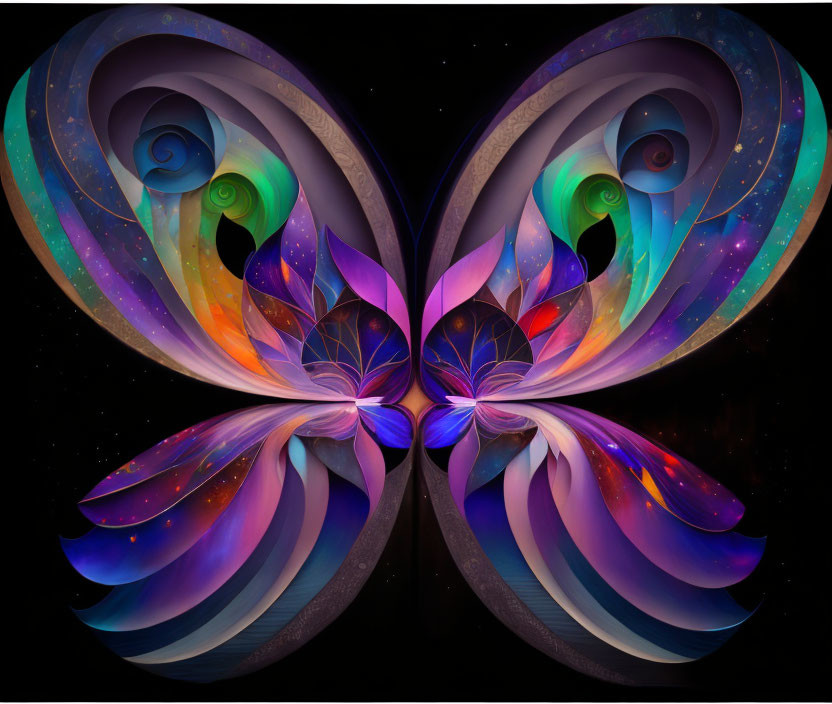 Colorful fractal art: Butterfly-like patterns in purple, blue, and green on starry night