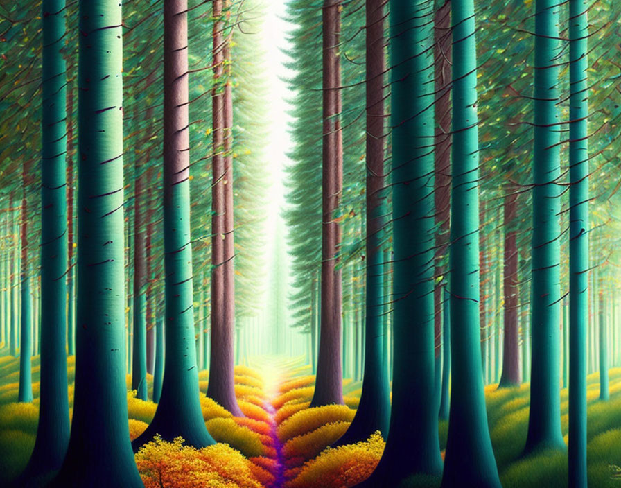 Lush Forest Landscape with Tall Trees and Colorful Underbrush