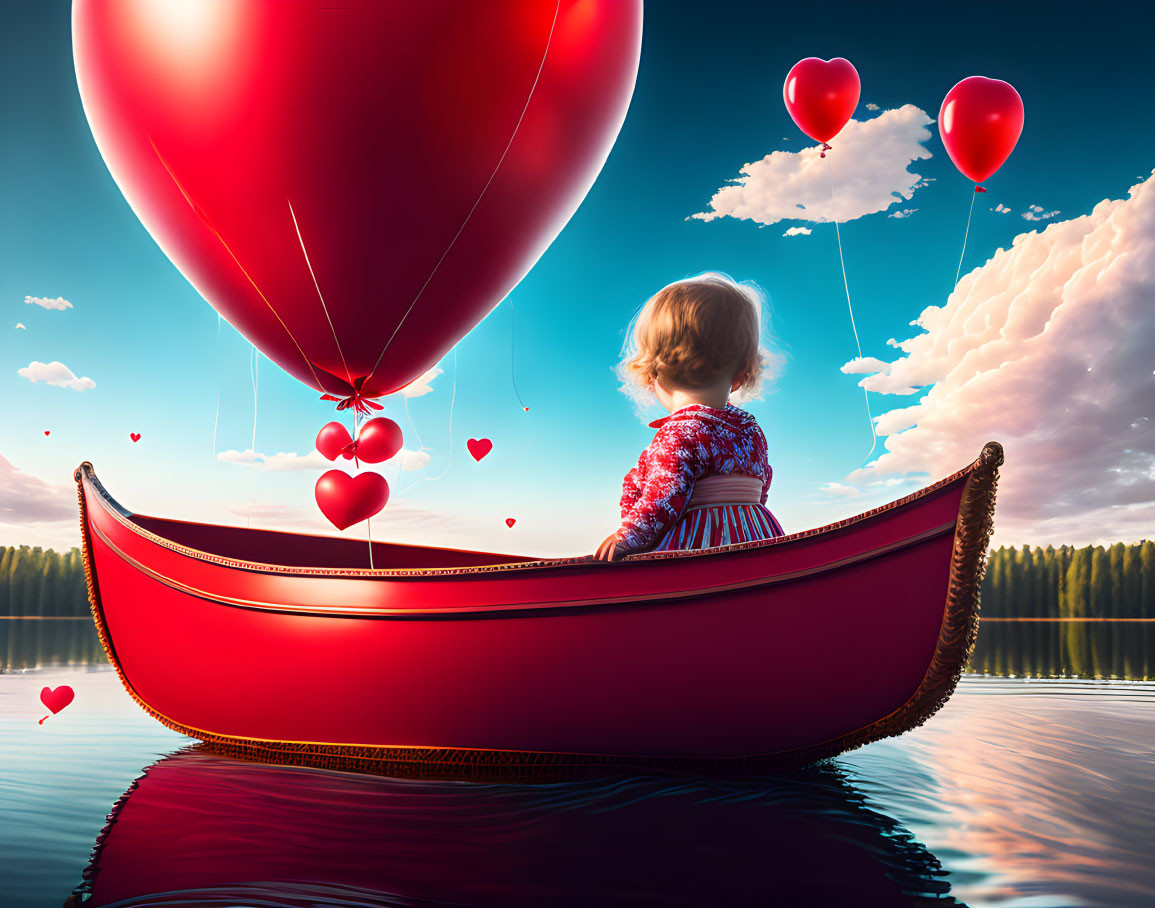 Toddler in Red Boat with Hearts and Balloon on Calm Lake