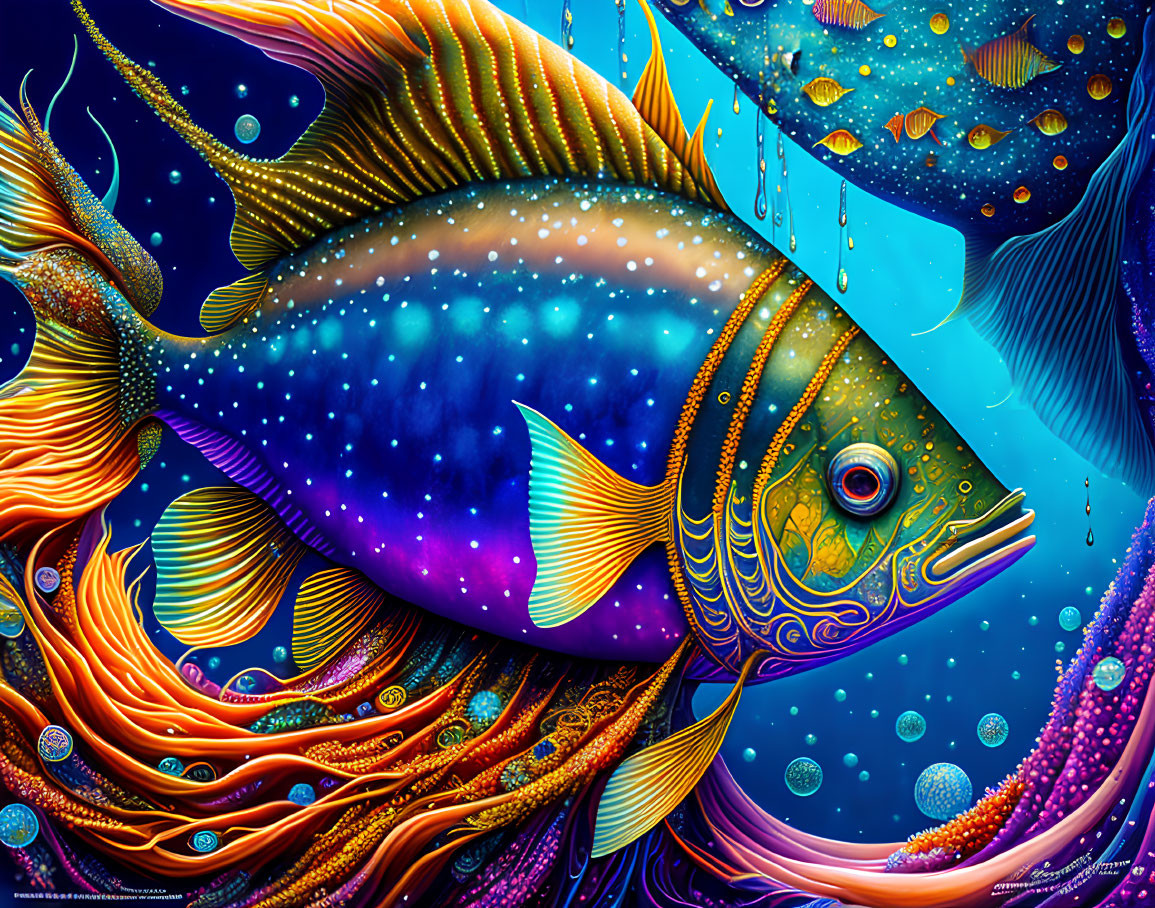 Colorful Cosmic Fish Illustration Surrounded by Marine Elements