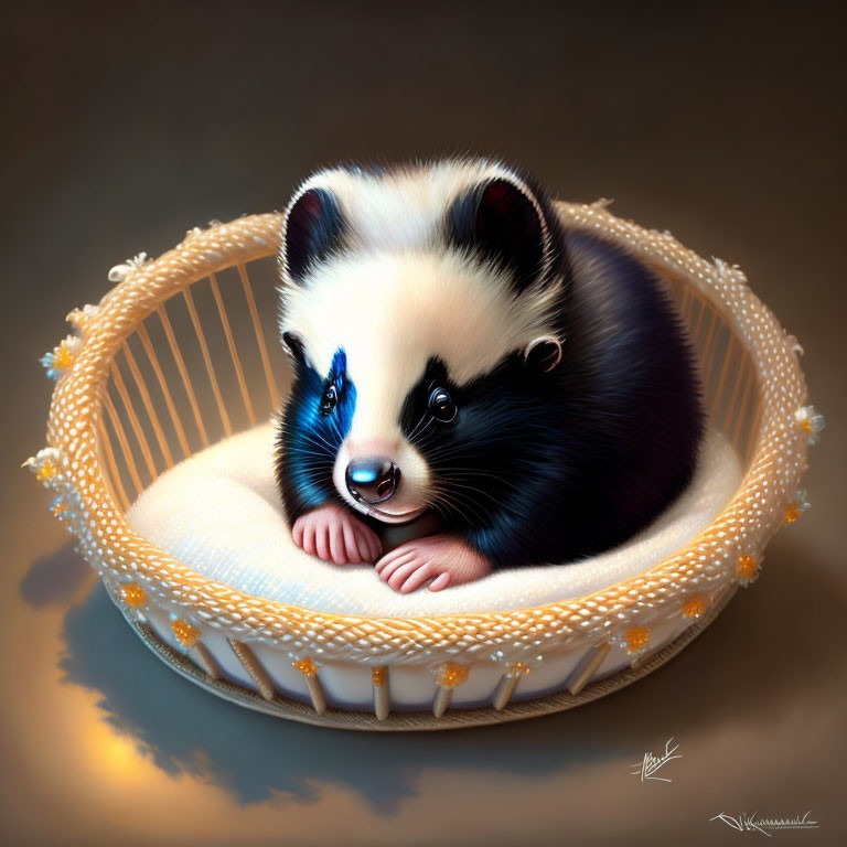 Illustrated skunk in basket with blue eyes and yellow flowers