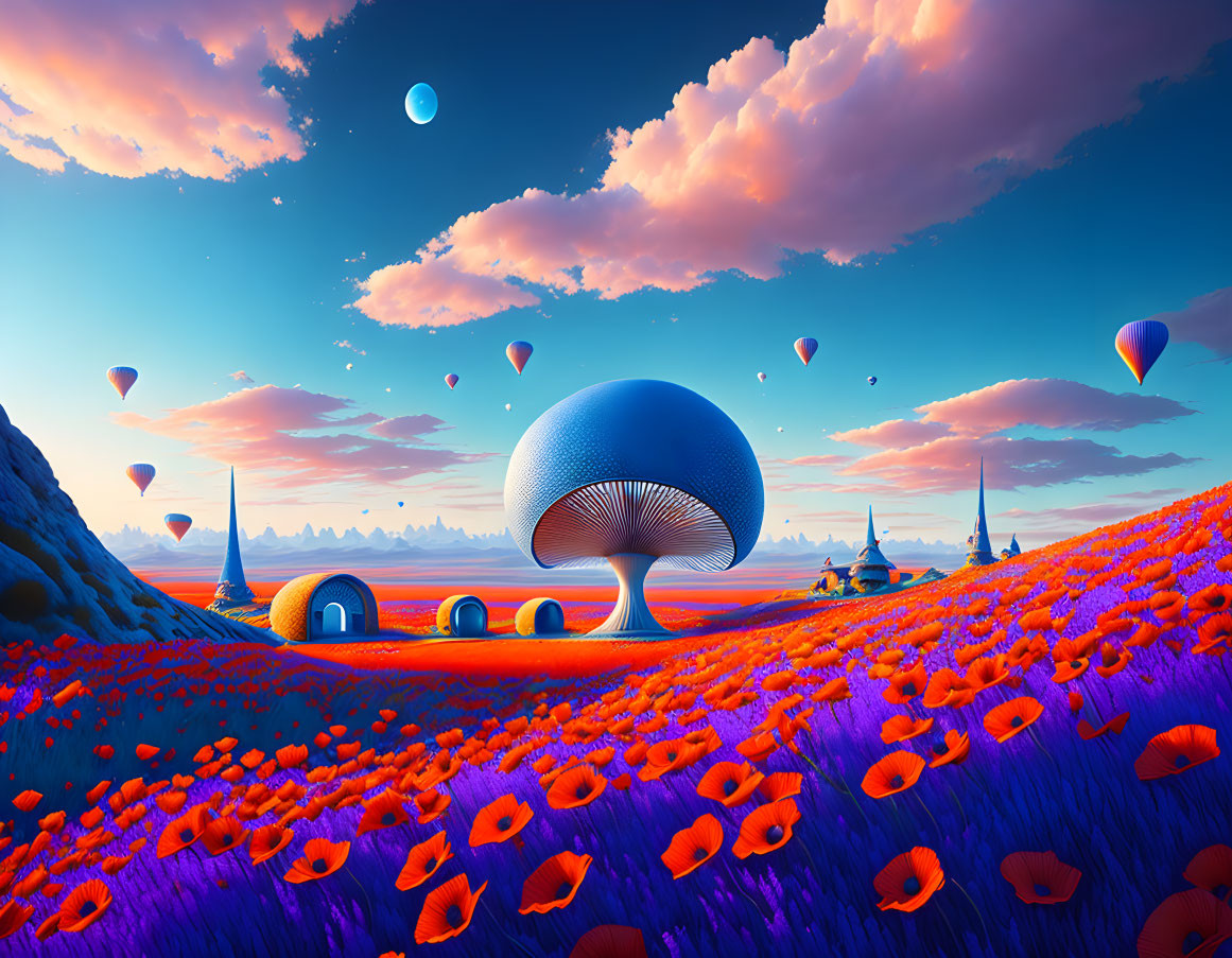 Fantasy landscape with mushroom structures, orange flowers, hot air balloons, and dual moons.