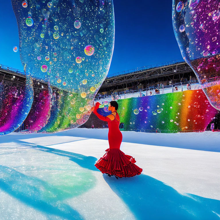 Flamenco dancer in red dress performs on ice with giant bubbles