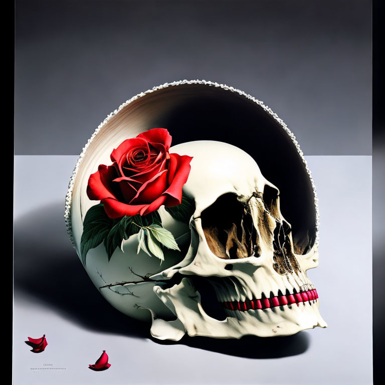 Skull with red rose and leaves on surface with petals