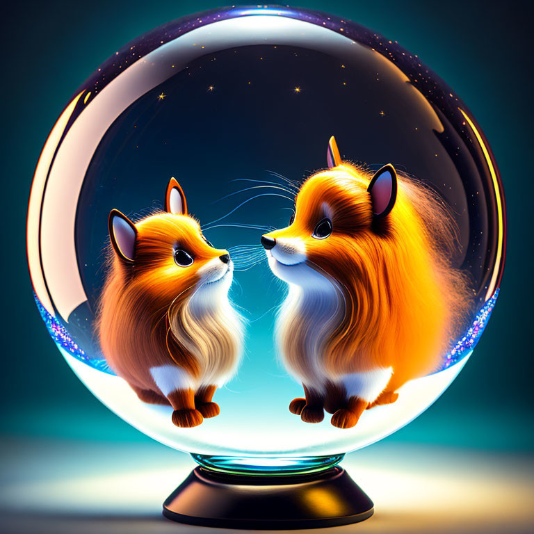 Stylized fluffy cartoon foxes in crystal ball on teal backdrop