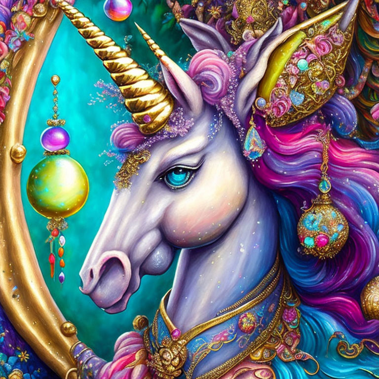 Vivid unicorn with golden horn and jewels in ornamental garb.