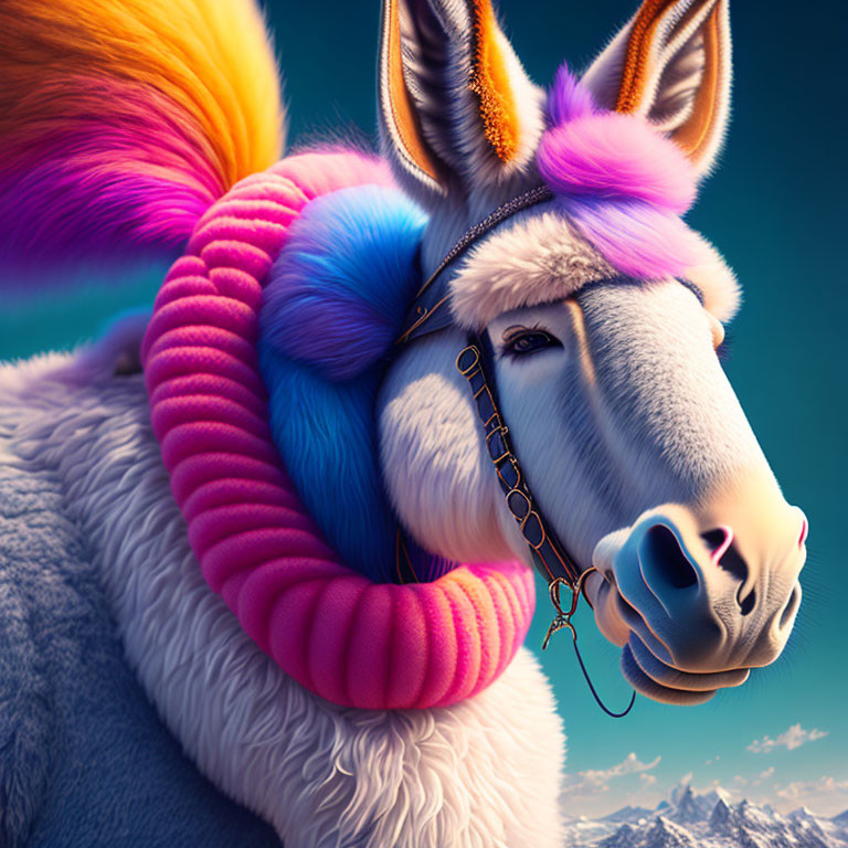 Colorful Stylized Donkey with Fluffy Mane and Pink Neckpiece in Mountain Setting