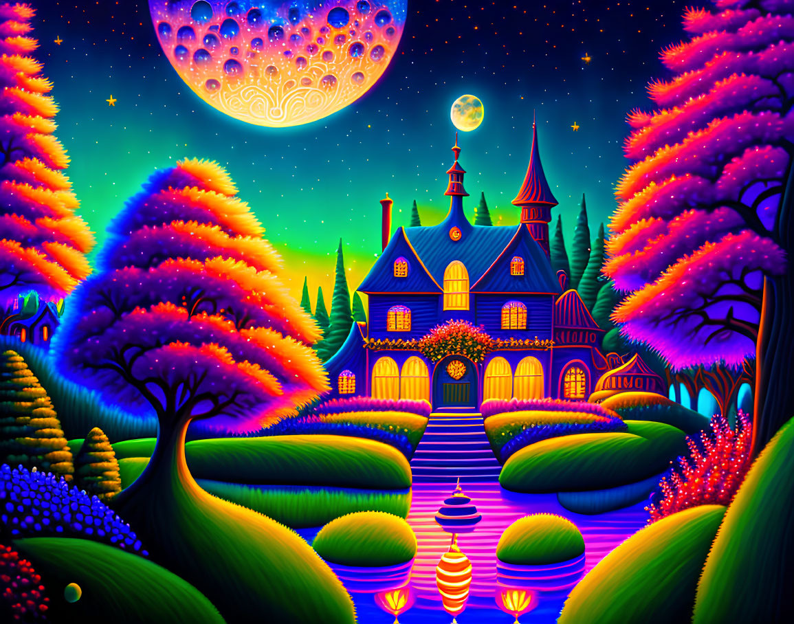Colorful Victorian-style house in whimsical night landscape.