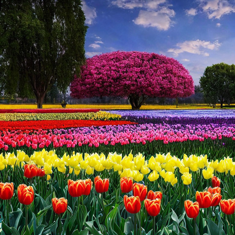 Colorful tulip fields and purple tree against blue sky with fluffy clouds