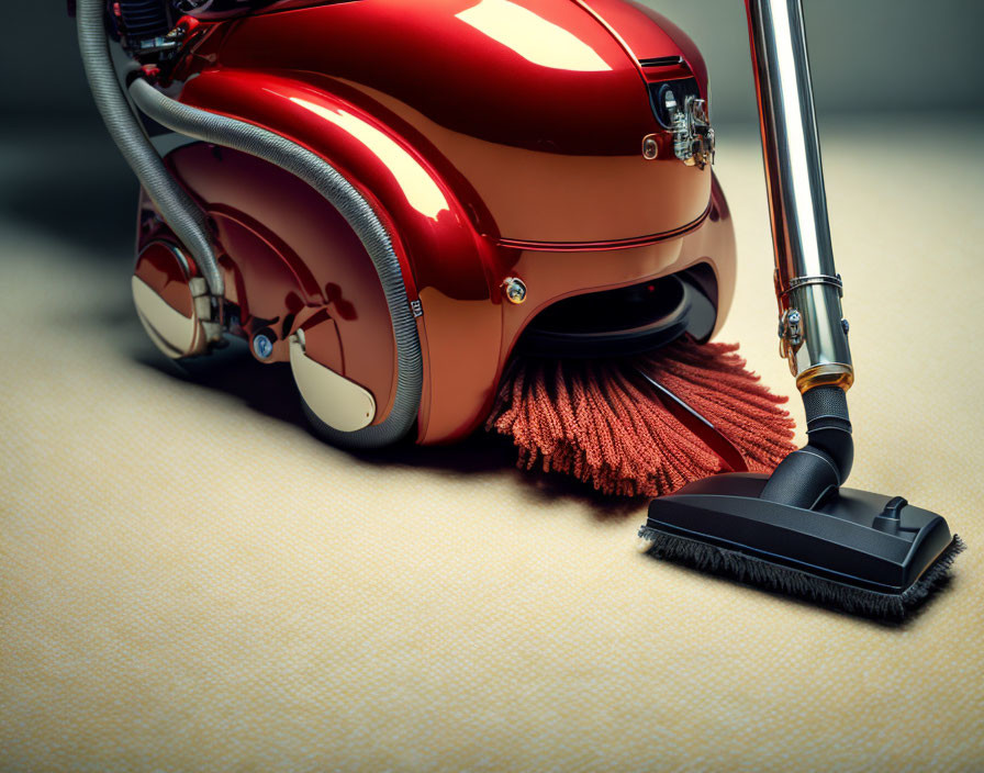 Vintage-Style Red Vacuum Cleaner on Beige Textured Carpet