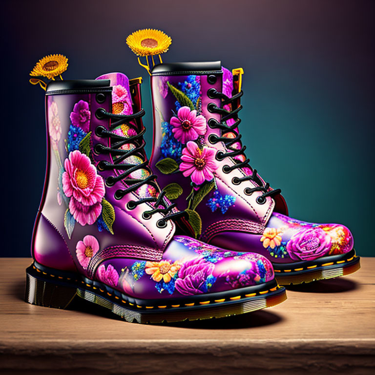 Colorful Floral Pattern Lace-Up Boots with Yellow Stitching on Dark Background