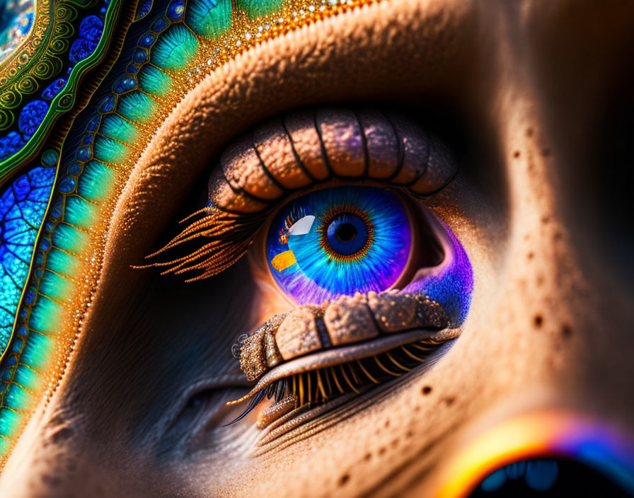 Detailed vibrant eye with patterns and colors framed by textured skin