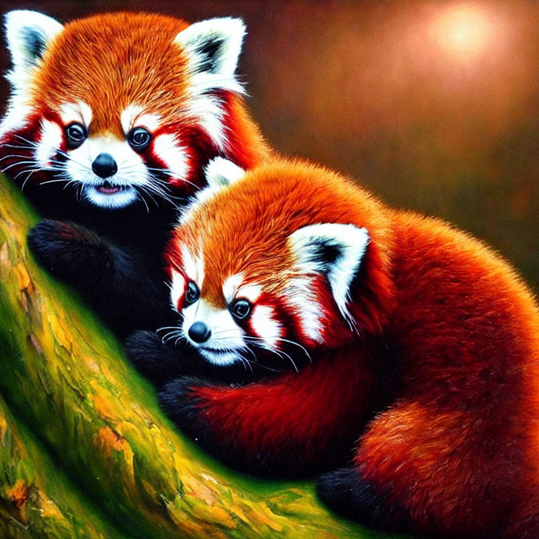 Two red pandas cuddling on branch in lush setting