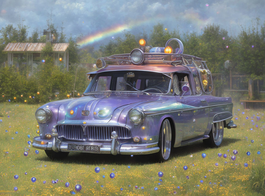 Purple vintage car with whimsical modifications in field under rainbow